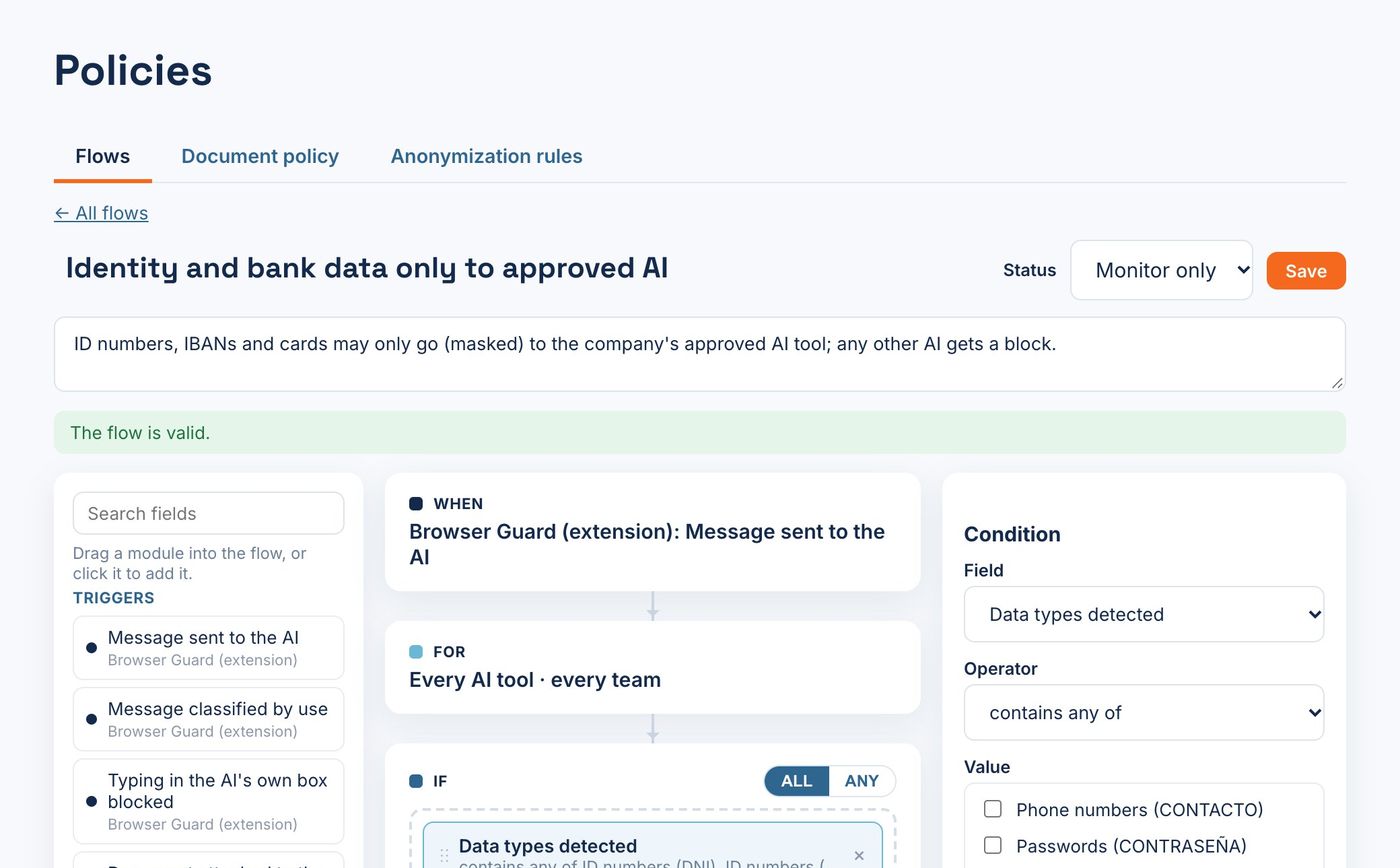A flow in the Policy Studio: identity and bank data only to the approved AI.