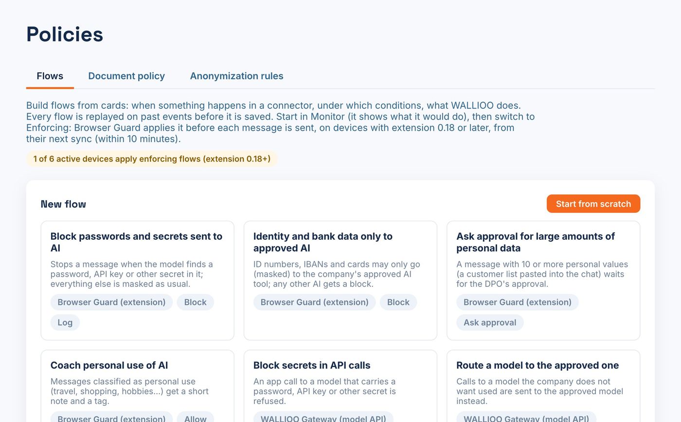 Ready-made flows: block secrets, approved AI only, approval for large amounts of personal data, route to the approved model.